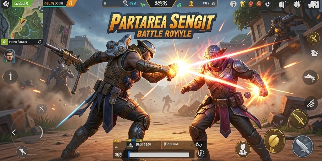 Gameplay mendebarkan dalam arena Battle Royale 555ZK.