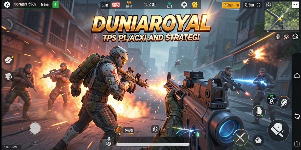 Screenshot utama DUNIAROYAL menunjukkan aksi tempur intens dalam TPS.