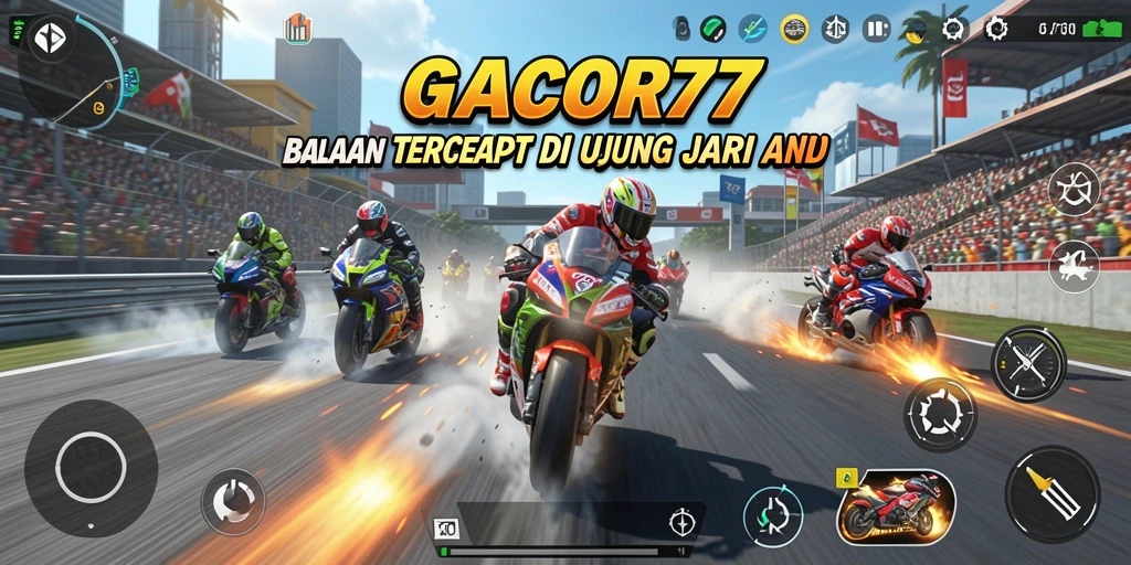 Tampilan gameplay GACOR77 yang menunjukkan balapan motor yang seru dan menantang.