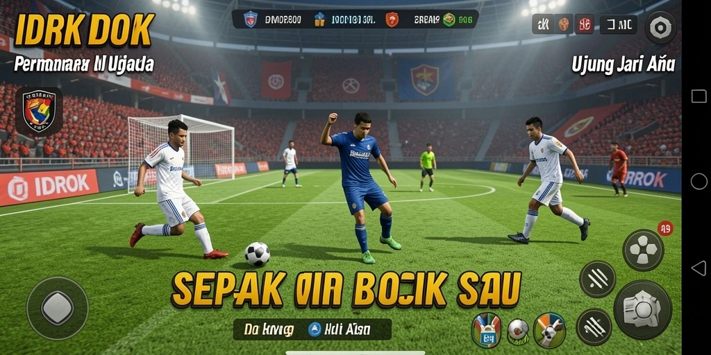 Screenshot utama IDROK menampilkan aksi pertandingan sepak bola yang mendebarkan.